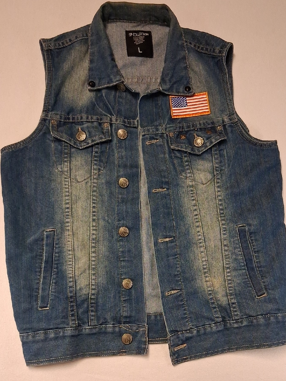 SD Collection Men's Blue Denim Vest with American Flag Patch ,Biker, Streetware,